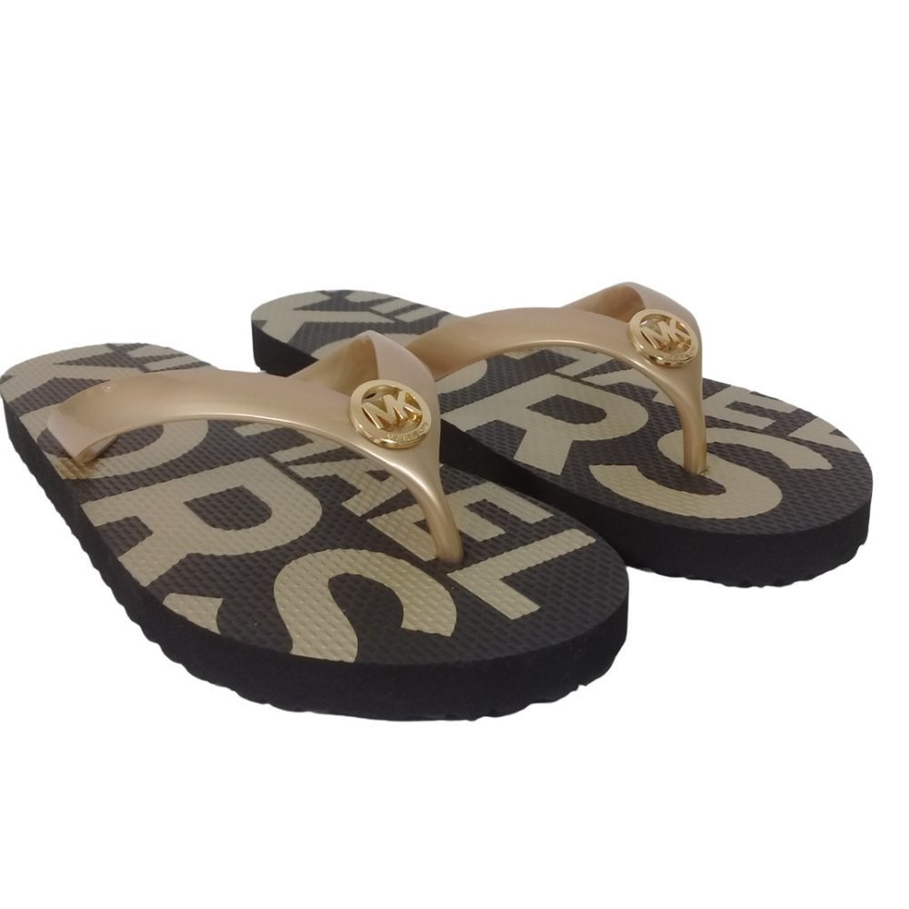 Michael Kors NEW Women's MK Logo-Detailed Footbed Gold/Black Flip Flops